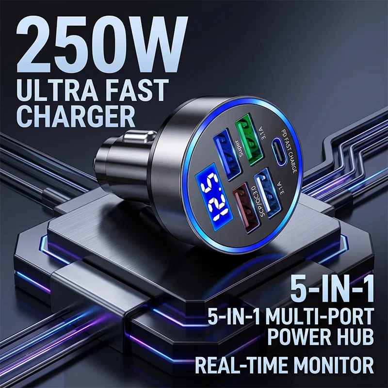 

Multi Port Car Charger Adapter 5 in 1 Fast Charging with Digital Voltage Display LED Light PD QC3.0 For iPhone For Samsung