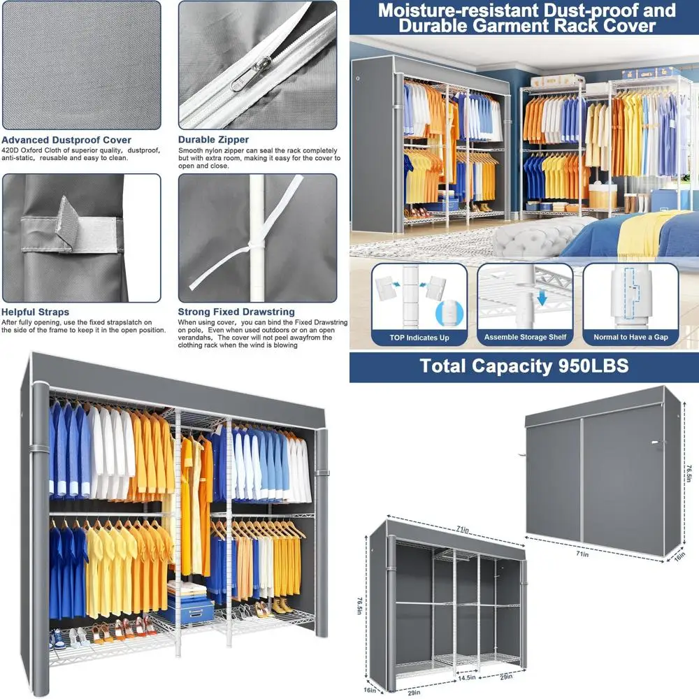 

Heavy-Duty Freestanding 71W x 16D x 76.5H Adjustable Garment Rack with 960 lbs Capacity and Grey Dustproof Cover
