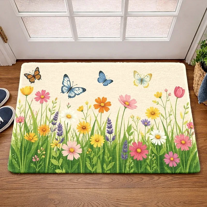 Cute Black Kitten Garden Doormat Daisy Butterfly Grass Print for Indoor Entrance Home Decor Floor Carpet