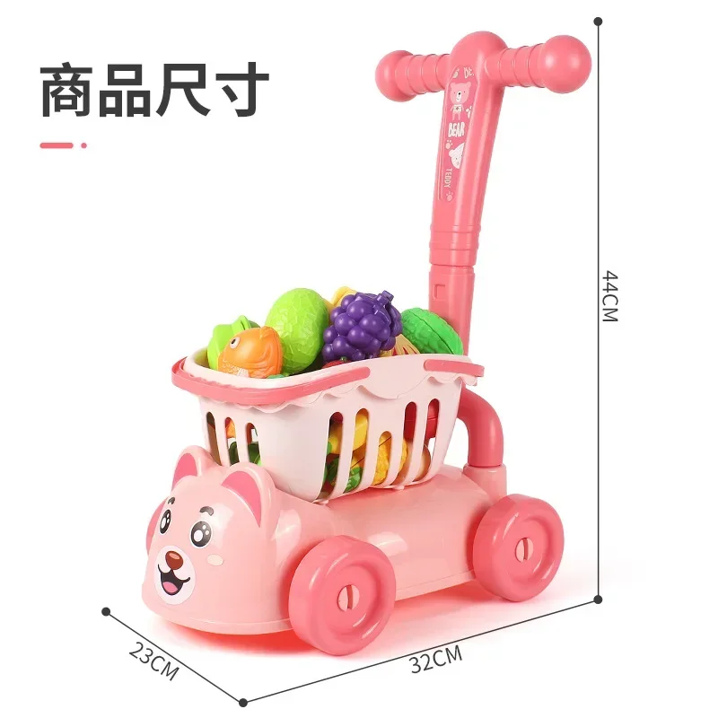 Kids Kitchen Role Play Fruit Cutting Set Simulation Supermarket Shopping Cart Toys For Walker Baby 1 to 3 Years Old Boys Girls