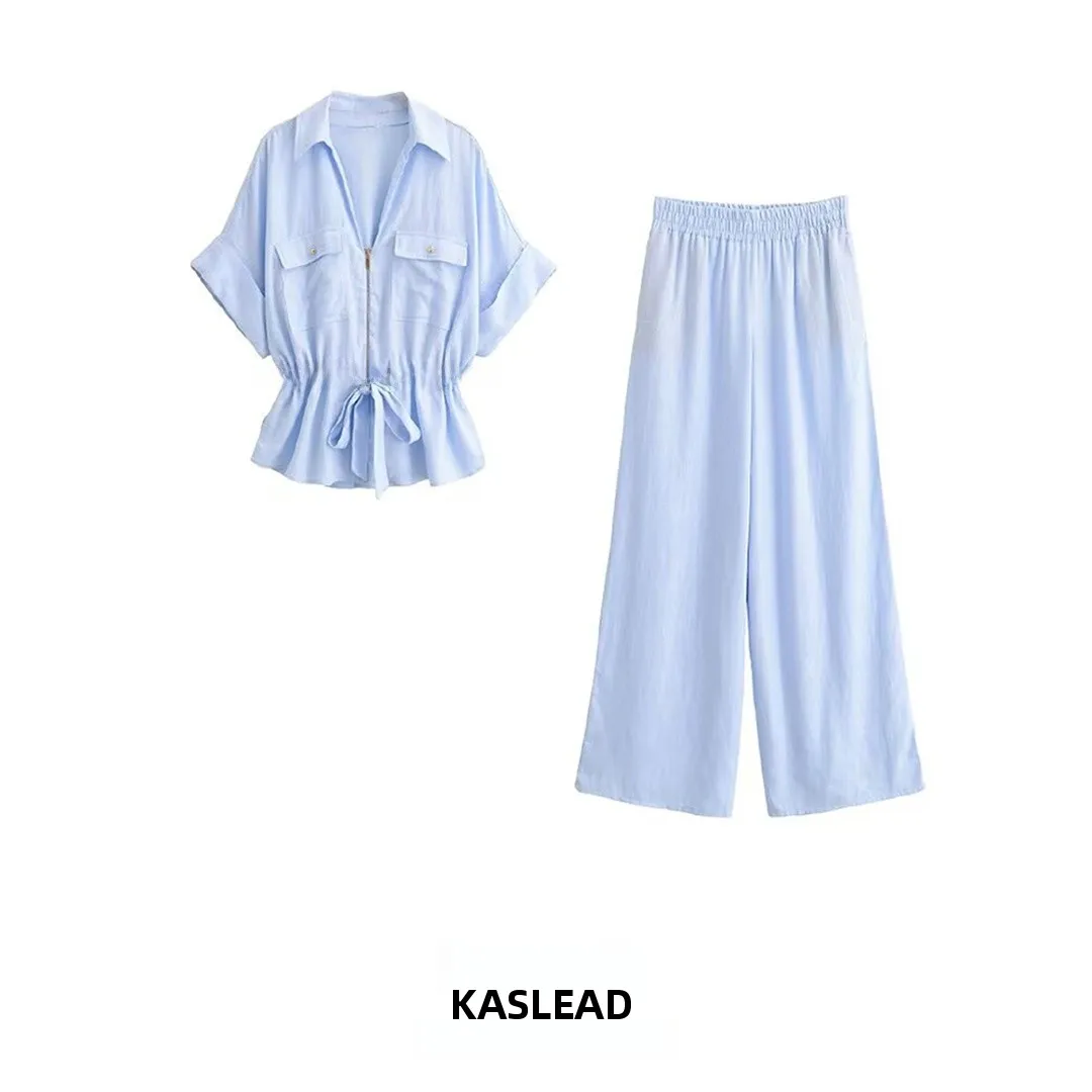 Fashionable V-Neck Shirt And Long Pants Set Women's Spring Season Short Sleeve Button-Up Clothing Long Pants Two-Piece Set