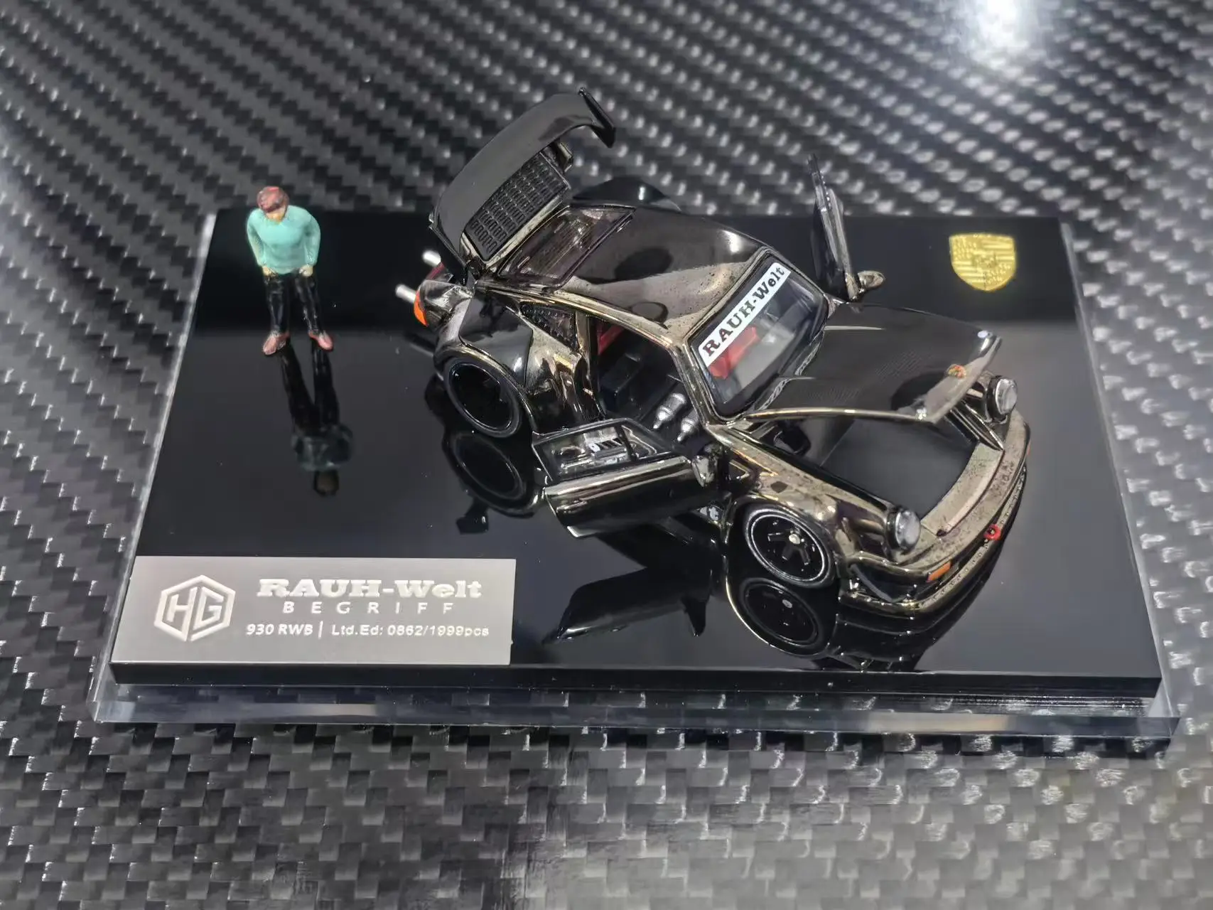FG Custom Version 1:64 Porsche RWB 930 Chrome Gunmetal Livery Full Openable Alloy Diecast Model Car Collectible Gift