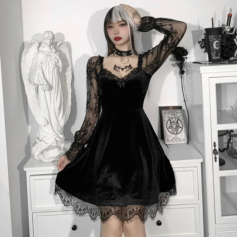 Gothic Lolita Girl Lace Trim Velvet A-Line Dress Women Sexy Perspective Long Sleeve V Neck Slim Mini Dress Cosplay Party Costume