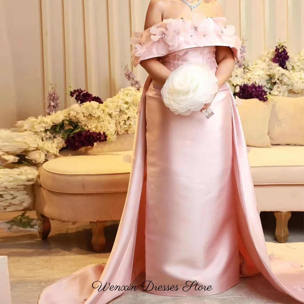 Fashion 3D Flowers Evening Dresses Elegant Off the Shoulder Pink Satin Customized Celebrity Gowns Special Occasion Gowns