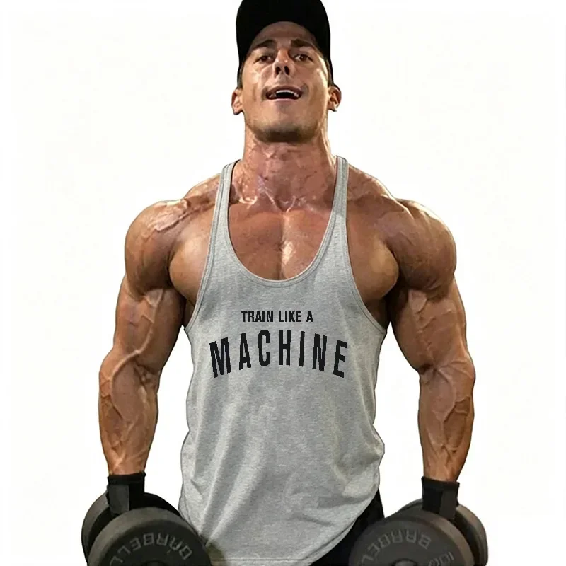 Mens Cotton Stringer Tank Tops Running Vests TRAIN LIKE A MACHINE Y-Back Gym Bodybuilding Workout Muscle Sleeveless Shirt