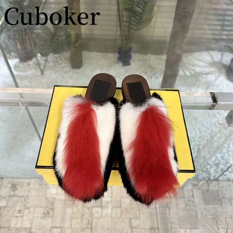 2023 Spring Autumn Designer Mink Hair Women\'s Slippers Half Wedge Slippers Thick Sole Chunky Heel Furry Mules Vacation Shoes