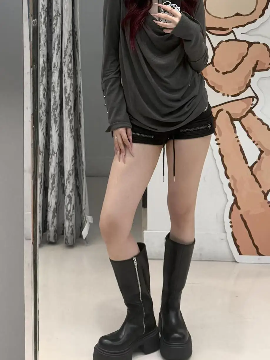 Design Zipper Casual Drawstring Shorts Women's Summer Y2k Low-rise Black Hip-wrapped Hot Pants
