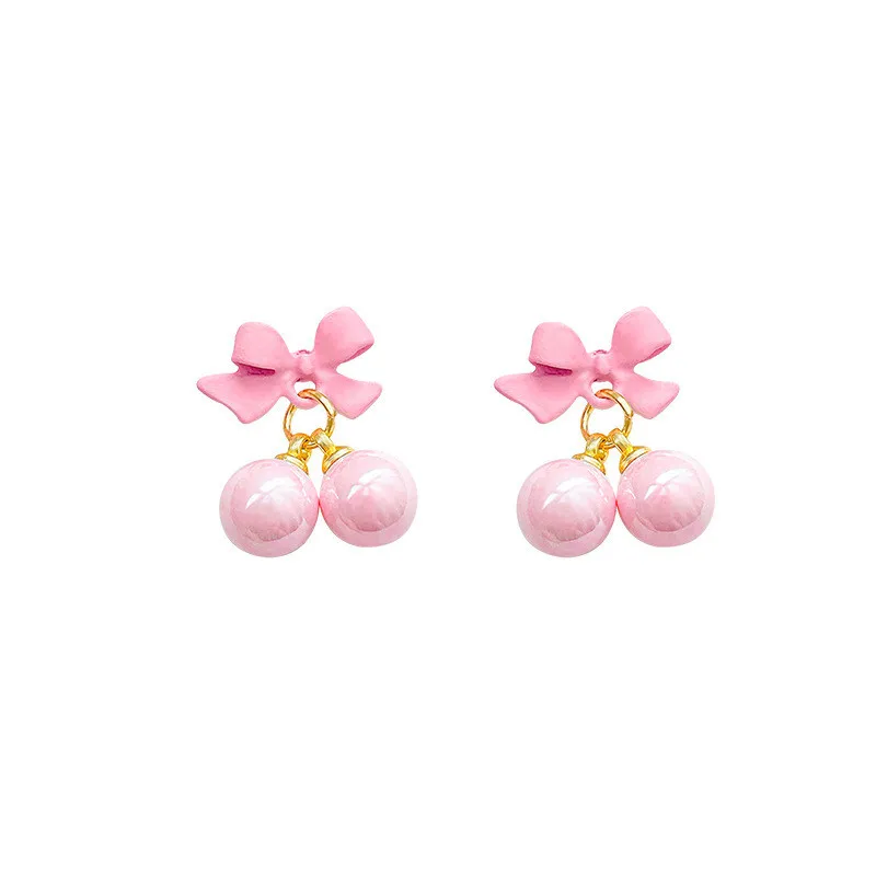 2024 Korean Sweet Pink Bow Earrings for Women Girls Fashion Design Personality Round Bead Drop Earring Jewelry Gifts Wholesale