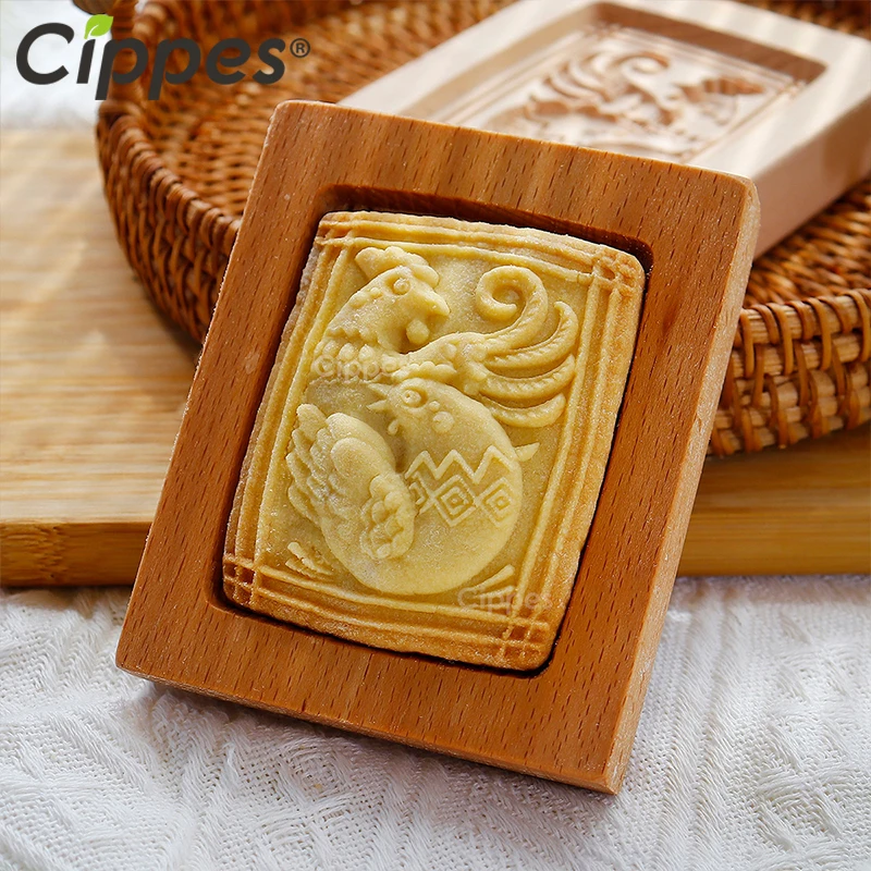 Moldes de biscoitos de espéculos de madeira com padrões de animais, moldes de cortador de biscoitos esculpidos em relevo 3D DIY, peixe, tigre, cavalo, esquilo