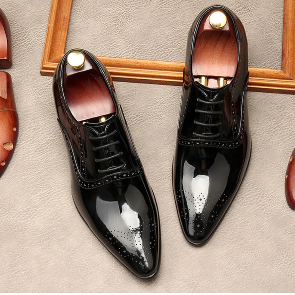 Full Grain Leather Men's Brogue Dress Shoes Pointed Toe Formal Business Height Increasing Carved Oxfords