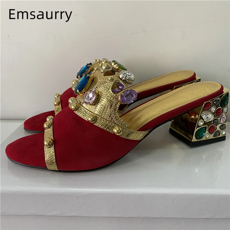 

Rivet Diamond Crown Decor Sandals Women Colorful Rhinestone Square Heel Luxury Suede Slingbacks Summer Mules