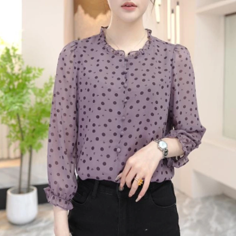 

Design Sense Women Three-dimensional Polka Dot Printed Shirt Western-style Solid Versatile Dignified Nine Quarter Sleeved Shirt