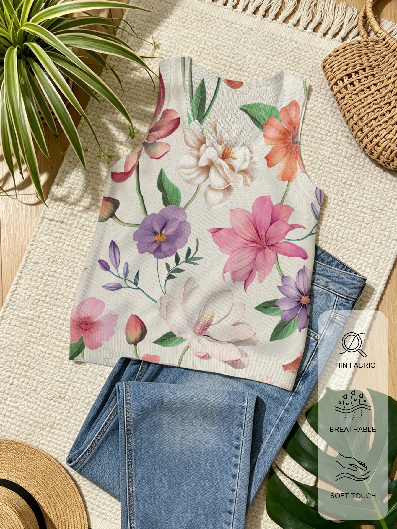 

Women's Knitted Vest, a Must-Have Item for Summer Outings, Vintage Floral Pattern, Non-Positioned Print, Bohemian Style