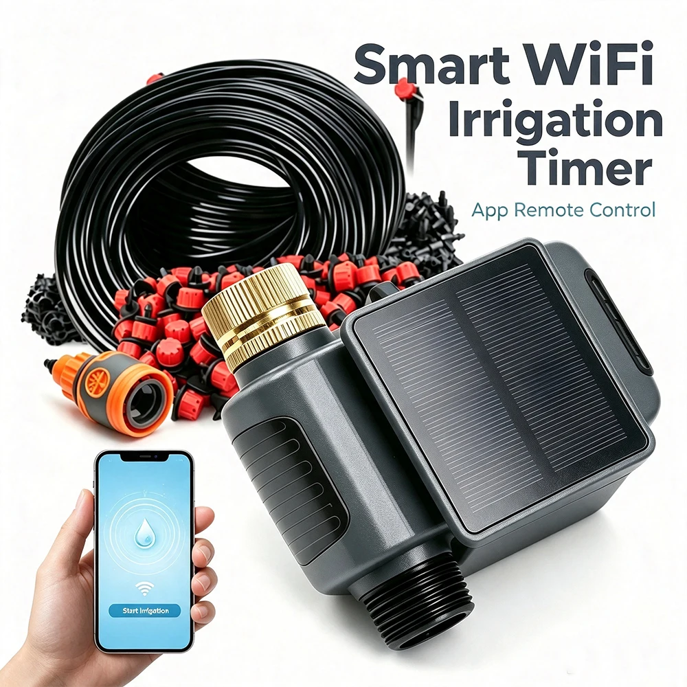 Solar WiFi Irrigation Timer Drip Kit Automatic Smart Garden Watering System Adjustable Dripper for Outdoor Plants GreenhouseYard