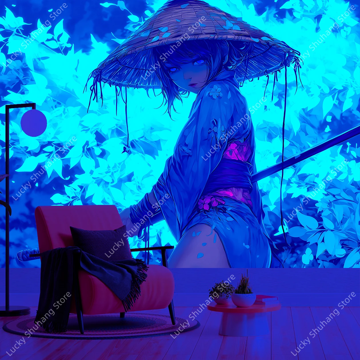 Mysterious Female Samurai UV Tapestry Rainy Blue Green Background Wall Hanging Art for Living Room Bedroom Office Decor