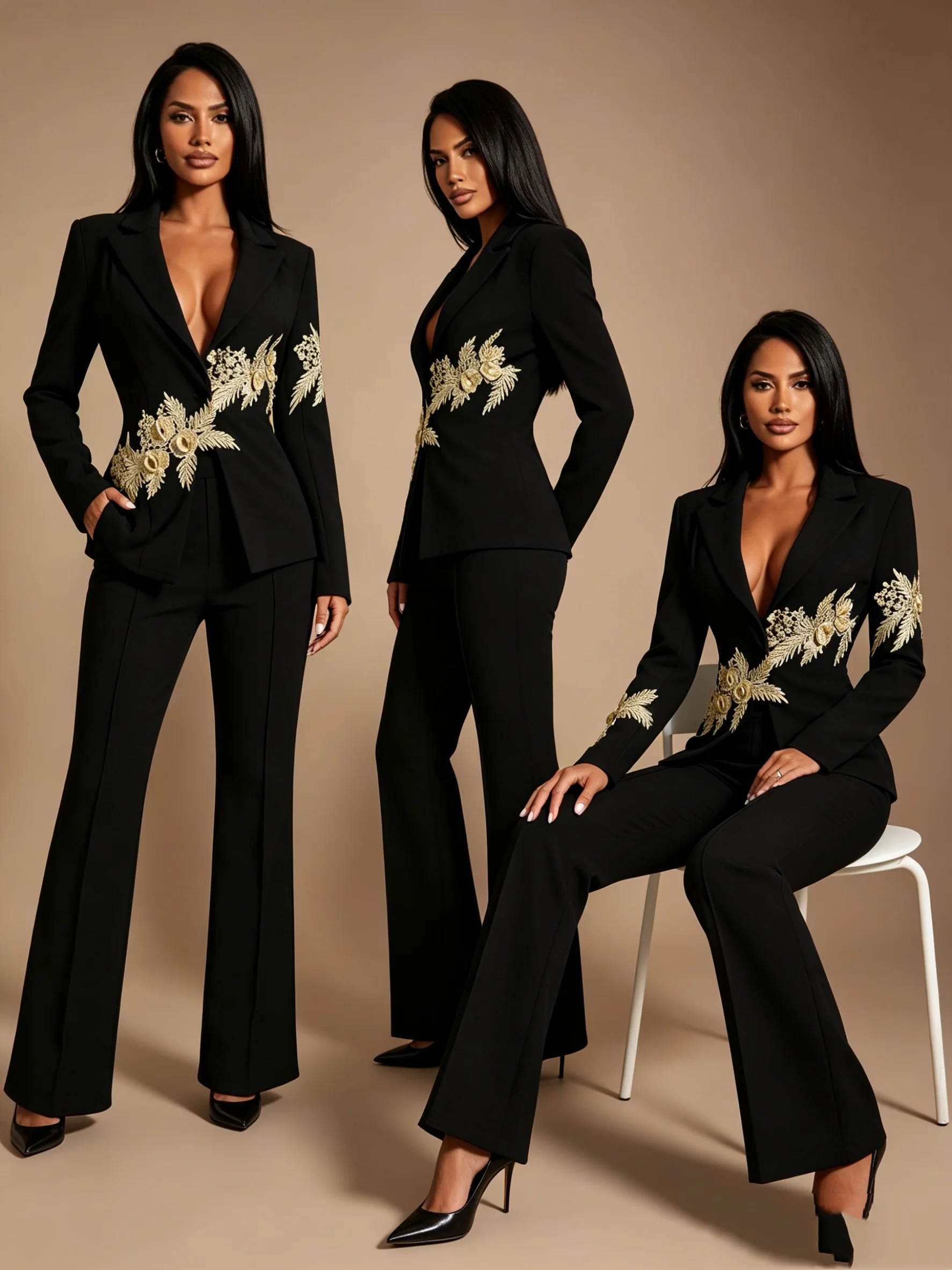 

Black Women Suits Set 2 Piece Blazer+Pants Trousers Flower Appliqued Formal Customized Office Lady Jacket Wedding Prom Coat