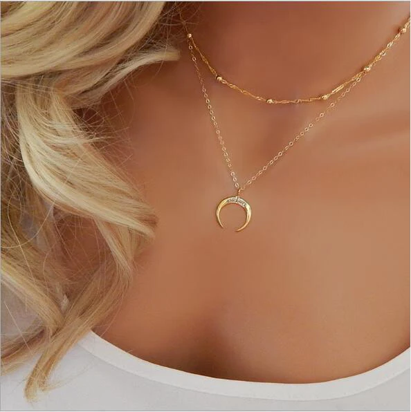 

Aihua Fashion Gold Color Double Layer Moon Pendant Necklaces for Women Luxury Design Shiny Choker Necklace Jewelry Gifts