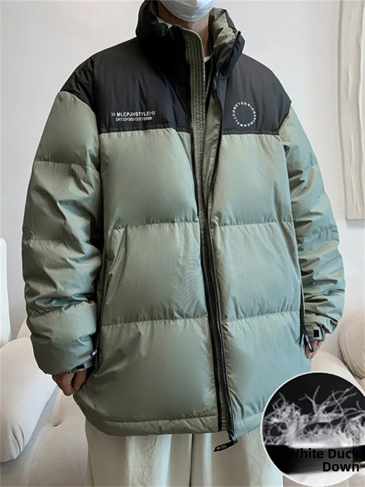 

American Sle Color Blo Thiened Winter down Jaet Men's plus Size Youth Outerwear Warm Long Sve Zipper Closure Coat