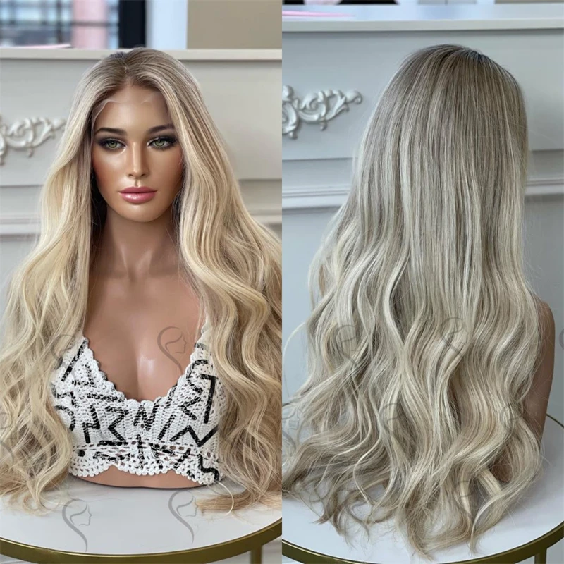 

180% Плотность Ombre Пепельно-русый синтетический предварительно сорванный бесклеевой HD парик фронта шнурка Длинный прямой парик из натурального термостойкого волокна