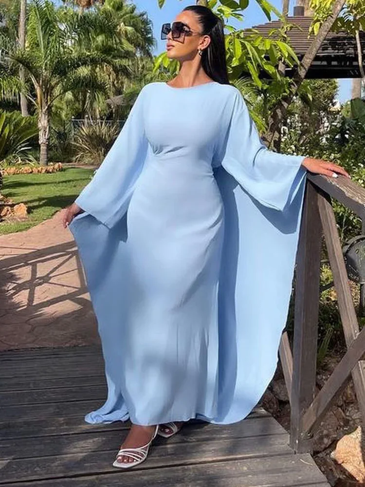 Solid Color Bodycon Maxi Dress Women Elegant Batwing Sleeve O-neck Club Party Long Dresses Vestidos Elegantes Para Mujeres