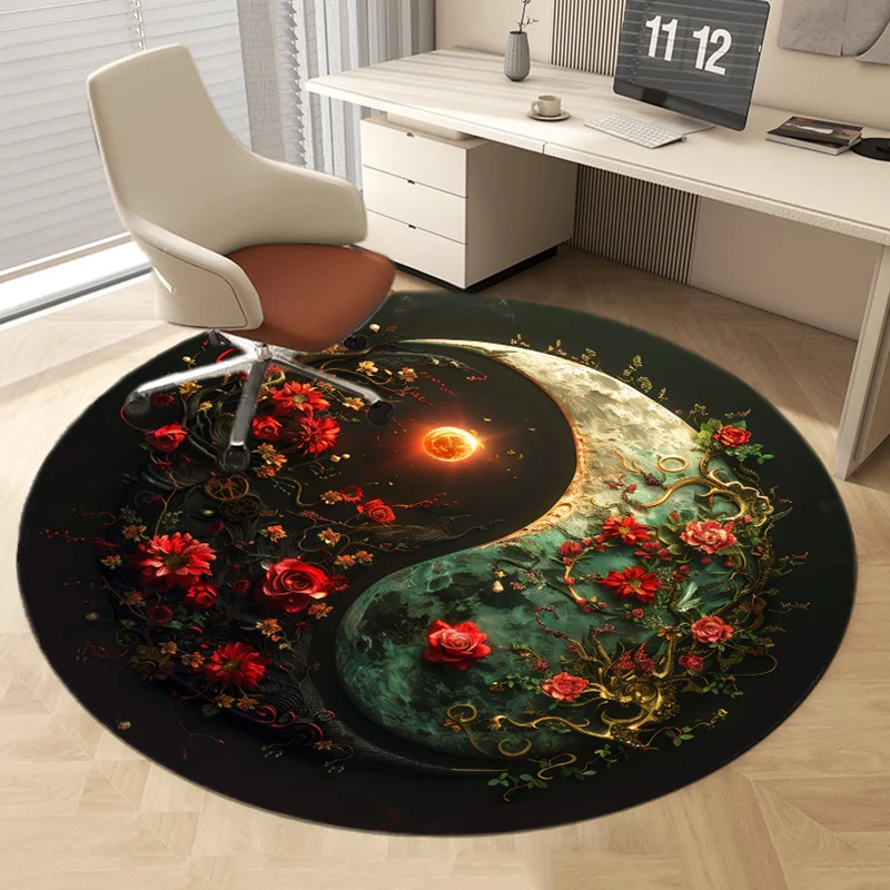 Round Rug – Non-Slip Machine Washable Carpet with Sakura, Goldfish & Tree Design for Living Room & Bedroom
