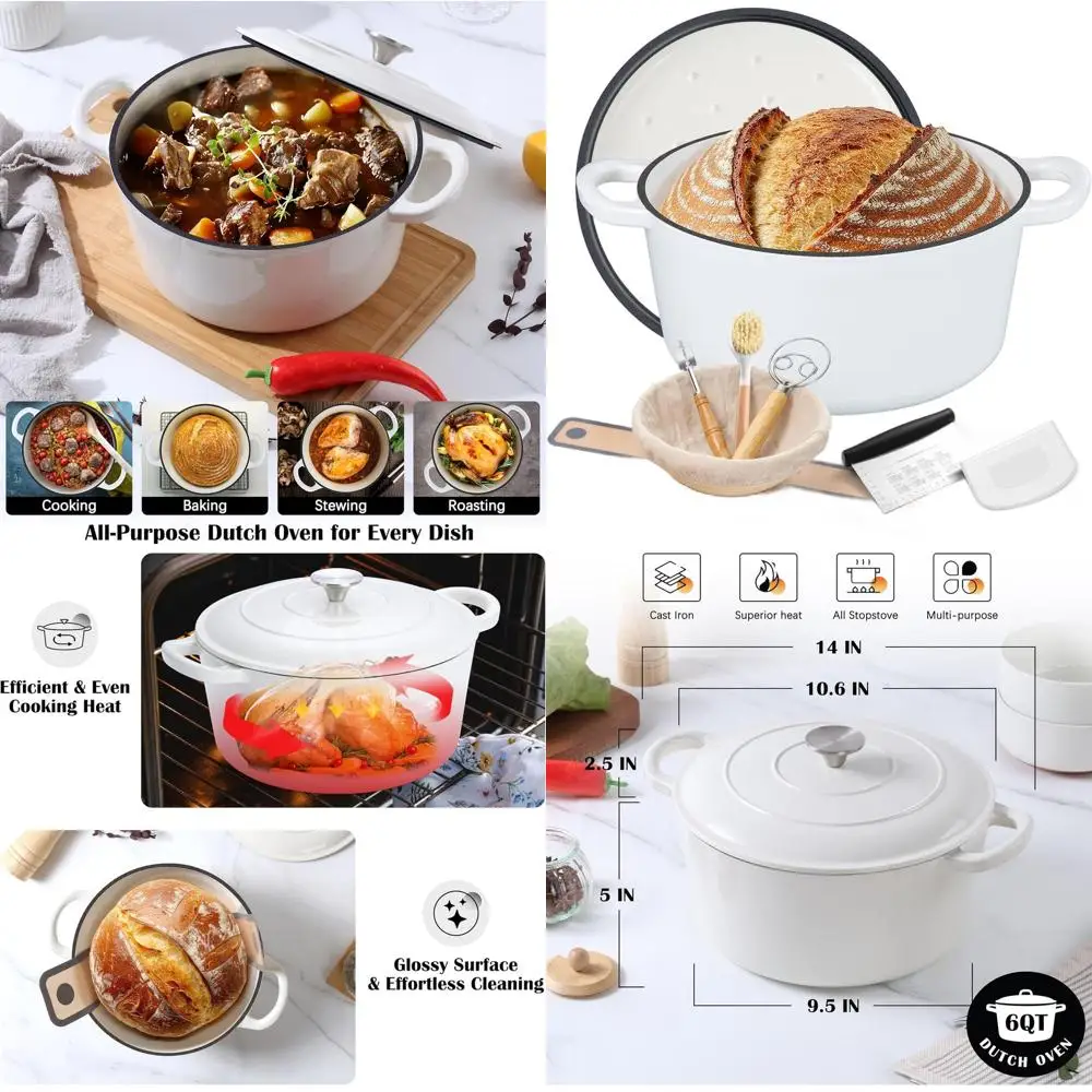 

Чугунная эмалированная кастрюля-казан на 6 кварт с самоподогревающейся крышкой для выпечки хлеба и приготовления закваски, сверхпрочная кастрюля-гриль