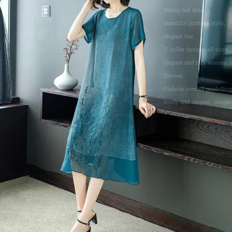 2023 New Chinoiserie Embroidered Dress Round Neck Sheer Solid Color Short Sleeve Pullover Chiffon Vintage Mid Length Dresses