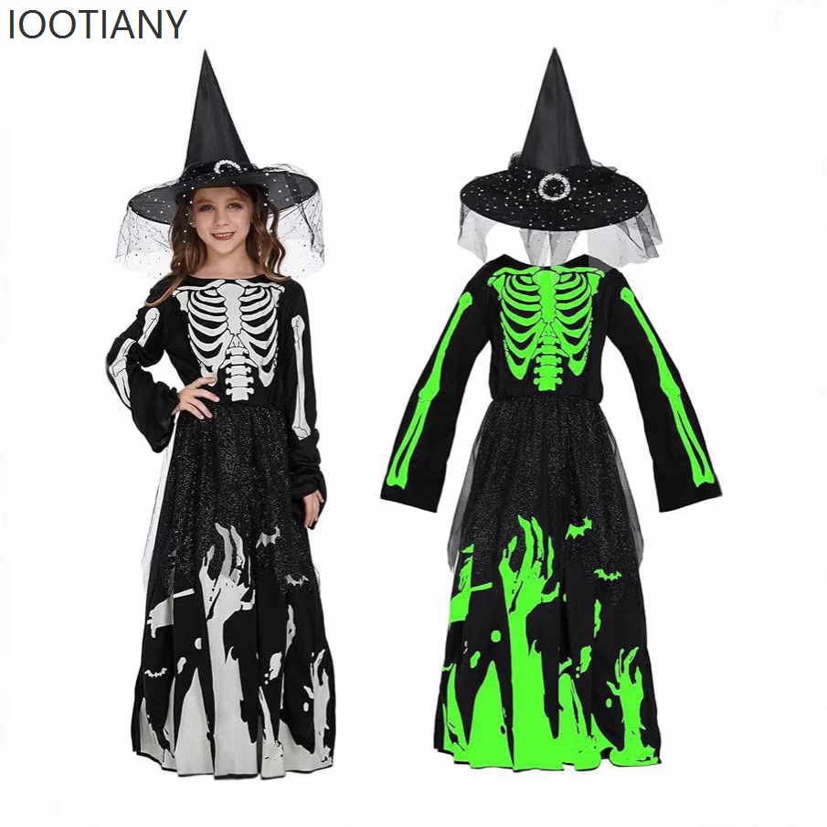 

IOOTIANY Halloween Luminous Death Skull Skeleton Costume Children Girls Masquerade Night Carnival Christmas Party Costume