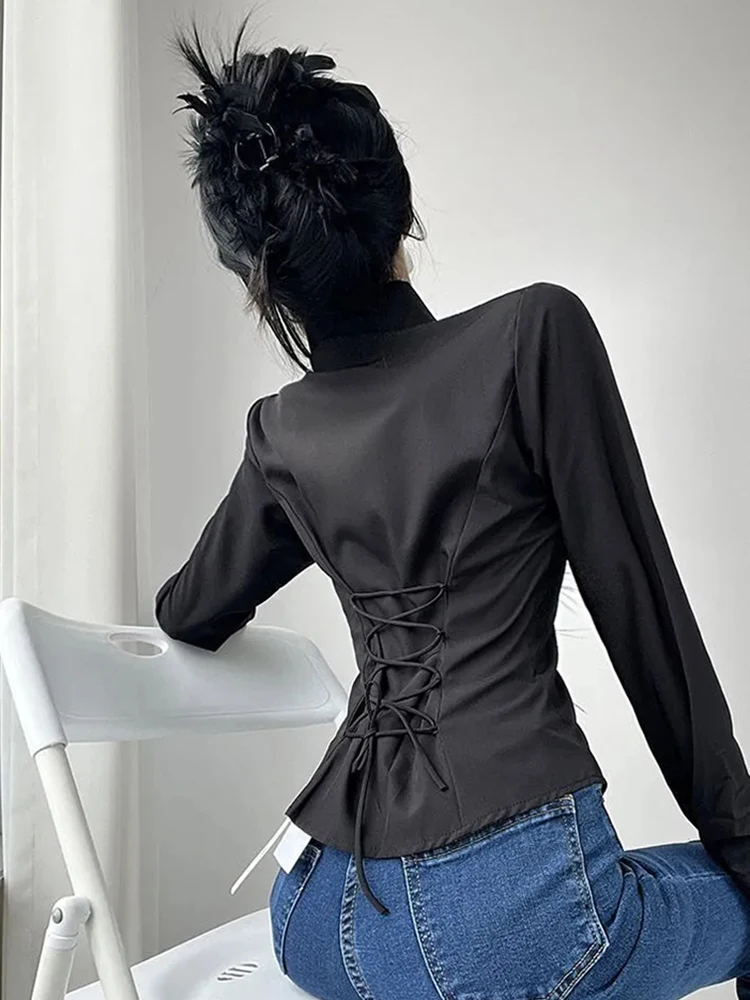 Elegant Slim Fit Shirts Women French Office Lady Bandage Long Sleeve Blouse Spring Chic Female Solid Simple Sweet Button Tops