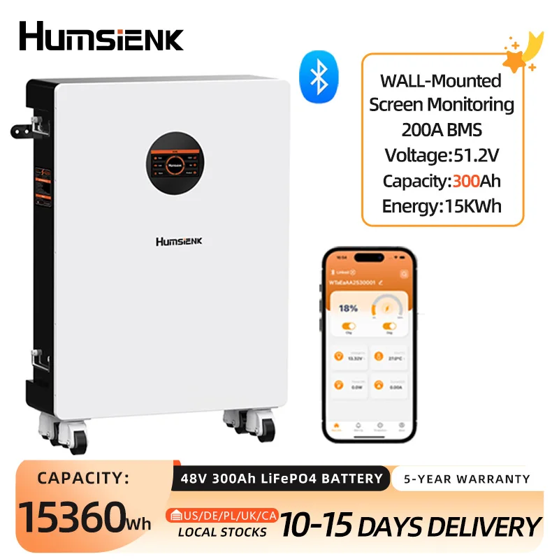 Humsienk 48V 300Ah LiFePO4 Battery, Bluetooth Real-Time Monitoring & LCD Display, 200A BMS, MAX.15360Wh, Low-Temp Protection, Rechargeable Lithium Battery for Vans, Golf Cart, Boat, RV, Camp, Solar Energy Storage, 5-Year Warranty