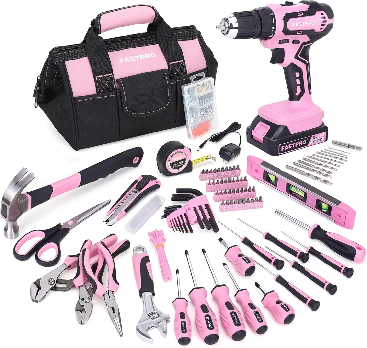 Fastpro 232-Piece 20V Pink Cordless Lithium-Ion Drill Driver And Home Tool Set, Lady'S Repairing Kit With 12-Inch Wide Mouth