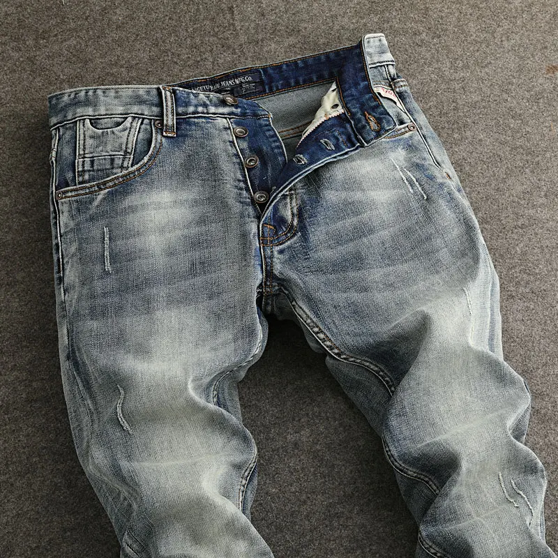 Fashion Vintage Men Jeans Retro Washed Blue Stretch Slim Fit Ripped Jeans Buttons Fly Italian Style Designer Denim Pants Men