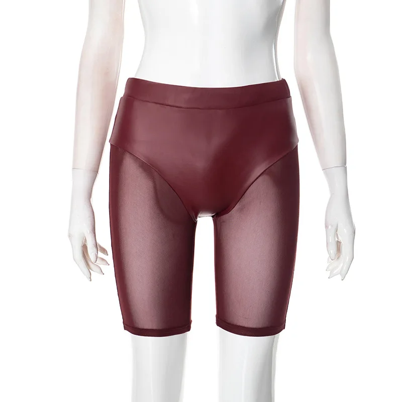 Mesh Patchwork Leather Five Part Pants 2025 Spring Summer Solid Color Elastic Waist Leggings Party Clubwear Bottoms