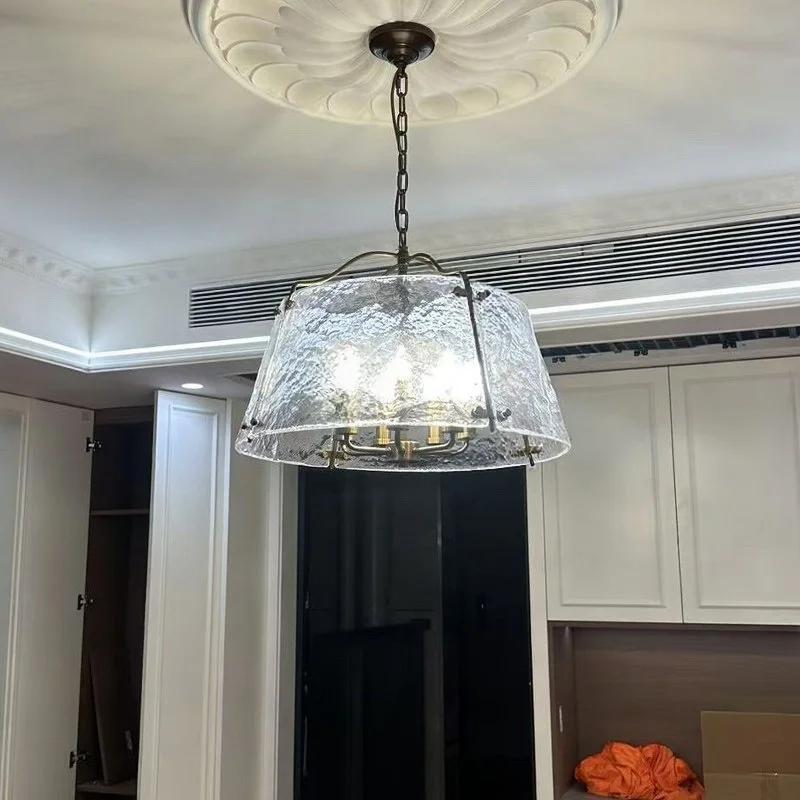 American Retro Solid Copper Dining Room Light French Bedroom Pendant Glass Lamp Light Luxury Table Home Decor Changeable