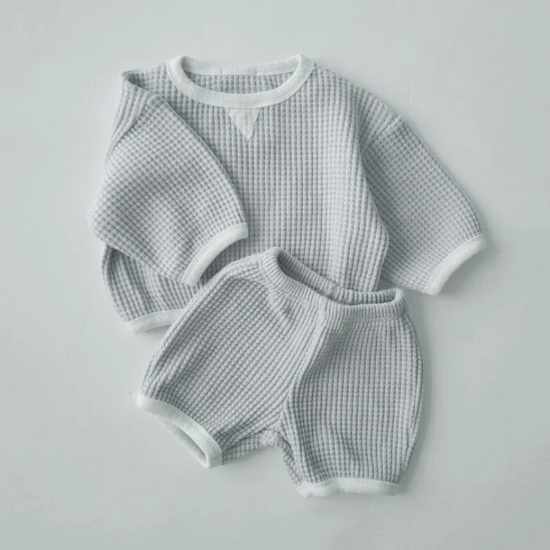 Korea Baby Boys Waffle Clothes Set 2023 Autumn New Baby Girls 2PCS/Set Clothes Sweater+PP Pants Shorts 0-2Y Baby Sportswear Suit