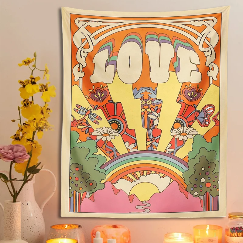 70s Retro Tapestry Vintage LOVE Sun rainbow Wall Art Printed plant flower Psychedelic Hippie Wall Living Room Bedroom Home Decor