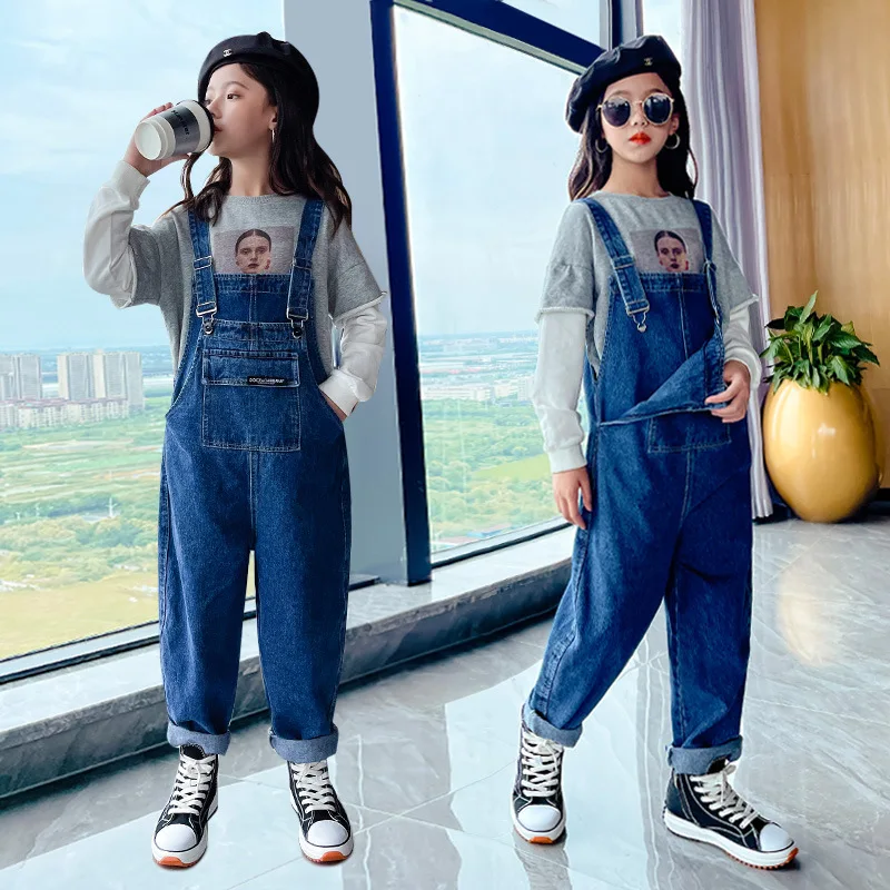 New Girl Jumpsuit Fashion Solid Color Jeans Overalls for Kids Teenage Cotton Suspenders Clothes Loose Children Denim Romper