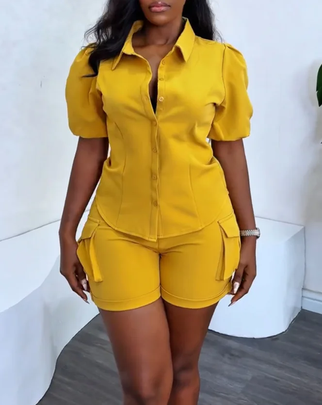 Tenue d'été 2 pièces pour femmes, nouvelle mode, ensemble uni, manches bouffantes, bouton sur le devant, chemisier et short Design de poche décontracté