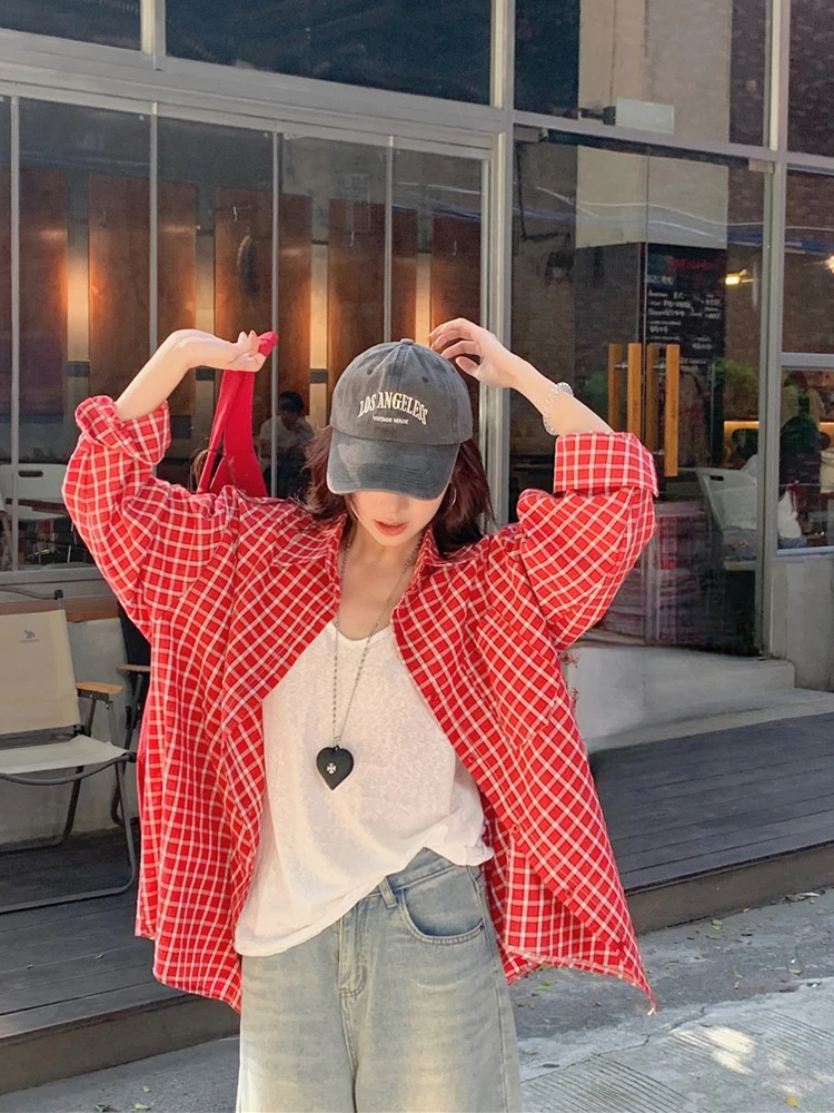 

Summer 2026 Loose Fit Long Sleeve Shirt Korean Casual Style Checkered Button Pocket Turn-down Collar Women's Top Fashion