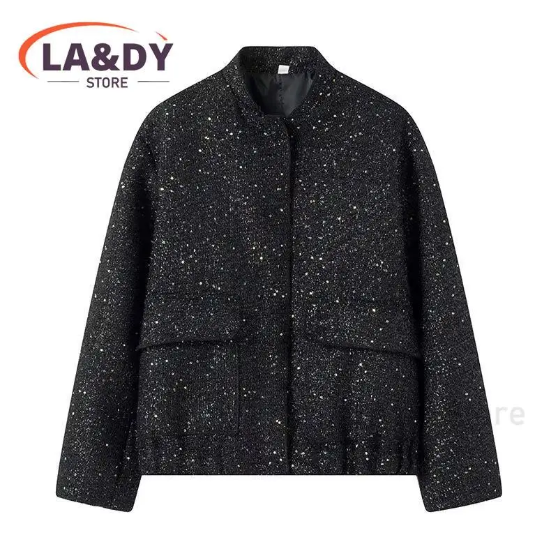 2024 Women Fashion Loose Versatile Single-Breasted Stand Collar Sequined Jacket Coat Female Casual Long Sleeve Pocket Outerwear