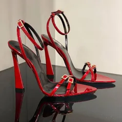 2024 Women's Summer High Heels Solid Color Pointed Toe Stiletto Buckle Fairy Striptease High Heels Red