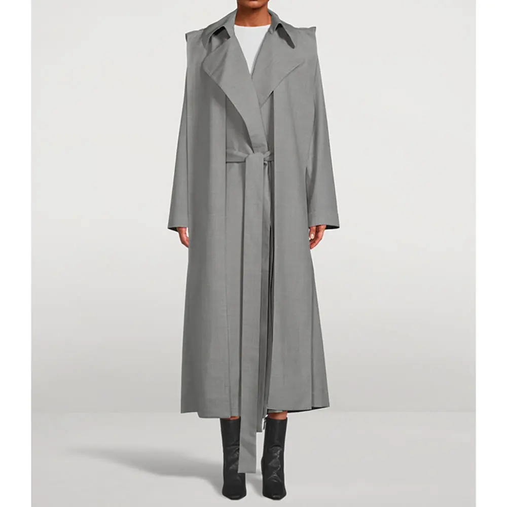 Simple R0*Wool Trench Coat Women 24ss Spring And Summer New Removable Hat Tie Belt Long Windbreaker Jacket