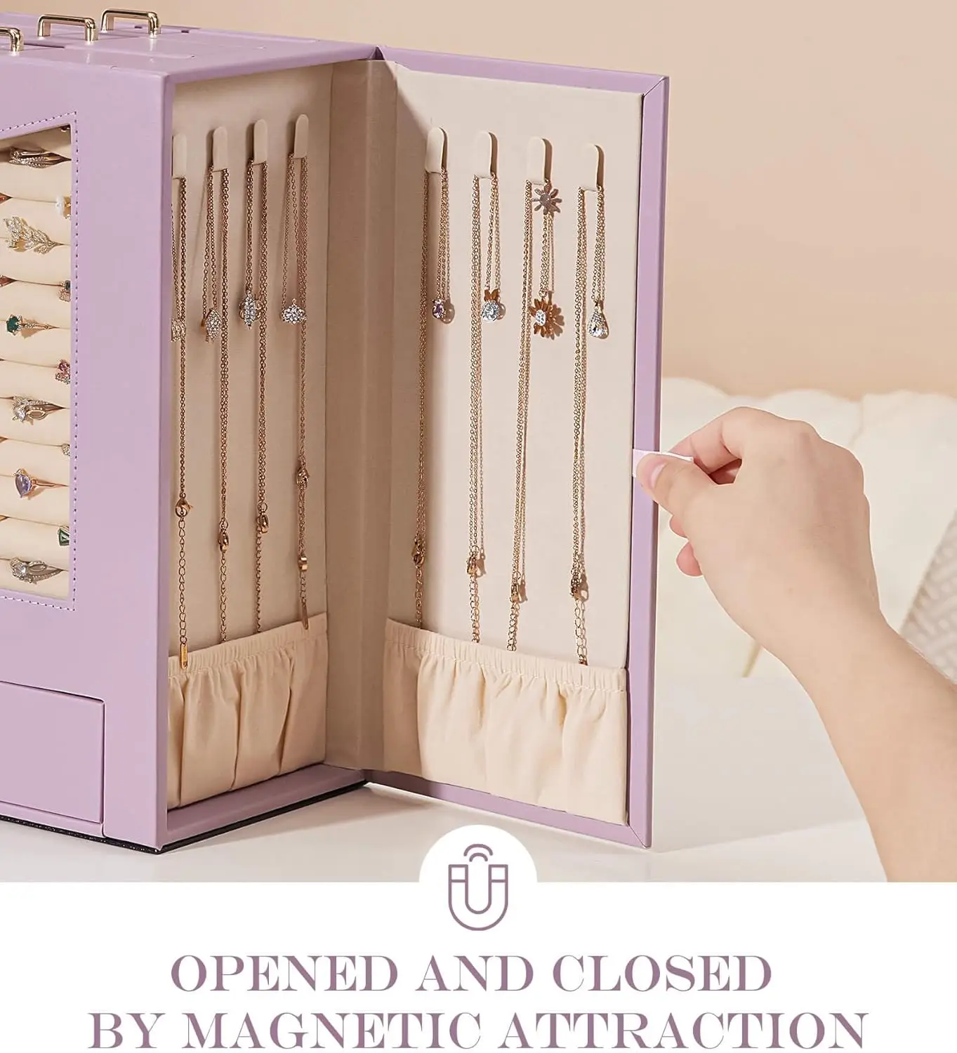 Transparent Window Jewelry Organizer with Hooks for Necklaces Rings Earrings Bracelets Display Case Grey Purple