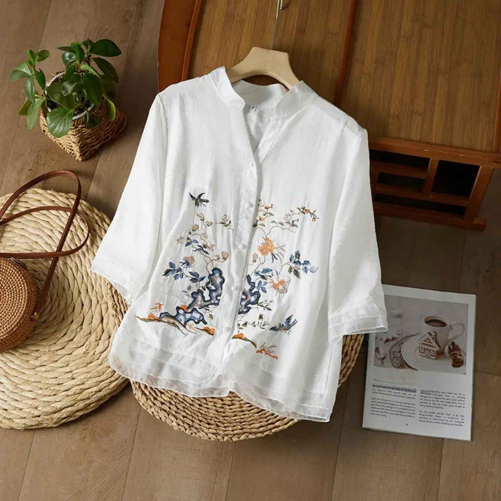 

Artistic Retro Embroidered Cotton Linen Shirt Top Heavy Industry Design High-End Summer Fashion Small Fit Style