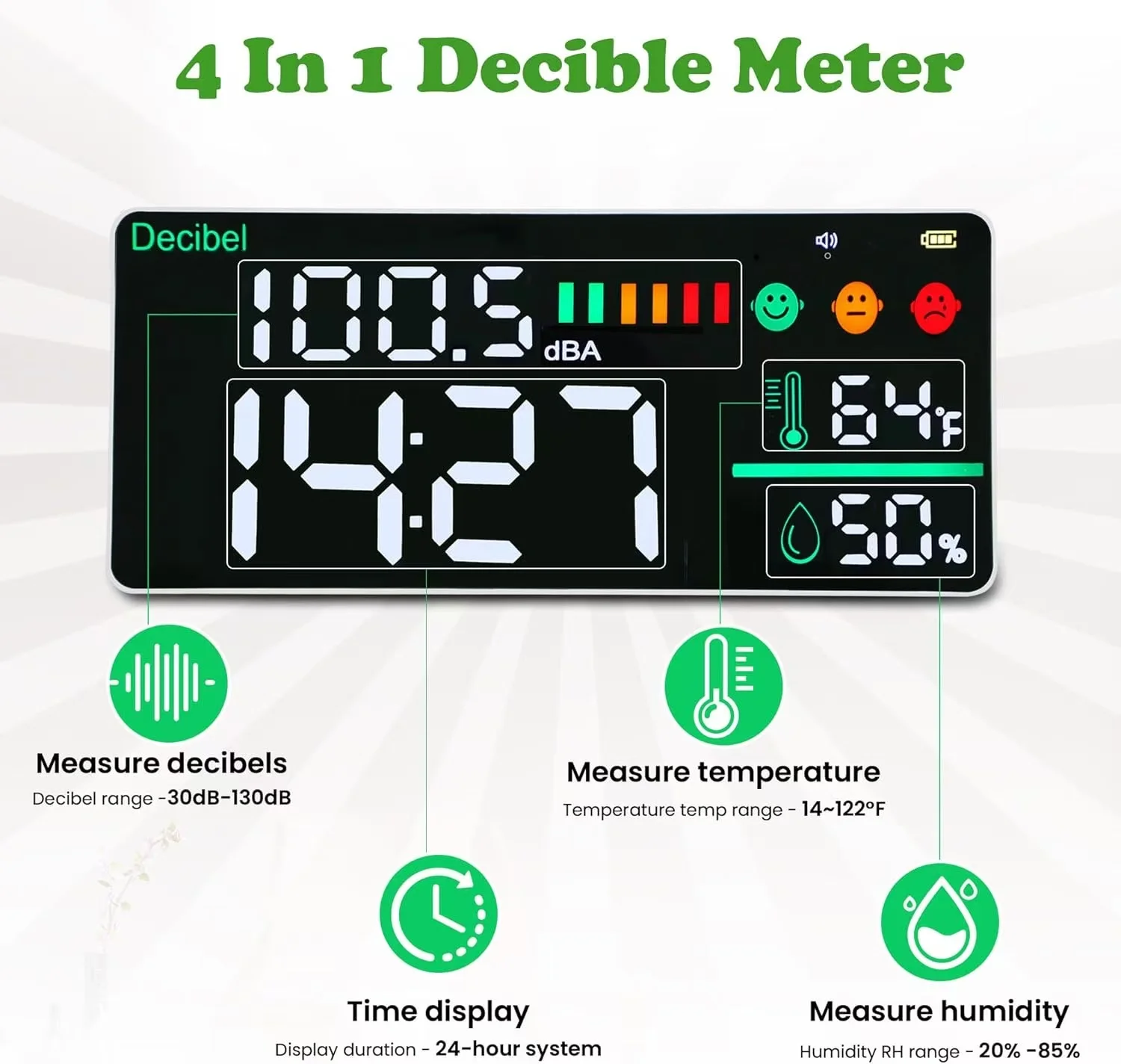 

Decibel Meter with LED Display-Wall-Mounted/Desktop Sound Level Monitor, Displays Noise, Time, Temp, Humidity with Alarms