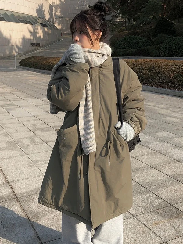 Thiened-ropa de trabajo Retro con cuello levantado para mujer, abrigo de algodón de longitud media con cordón holgado, Color puro, para ir al trabajo