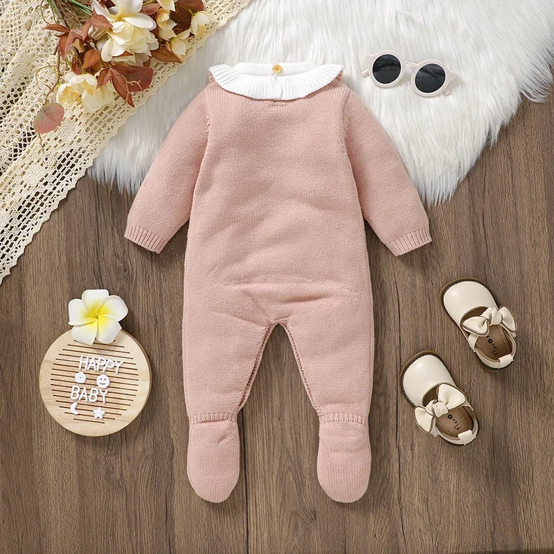 Newborn Baby Romper Knitted Toddler Kid Clothing Fashion Ruffles 0-9M Foot Wrapping Infant Girl Jumpsuit Long Sleeve Autumn Watm