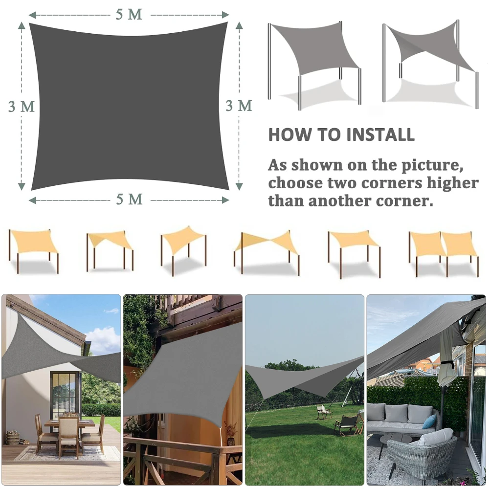 Vela parasol impermeable, toldo rectangular con protección solar, dosel con accesorios, vela de bloque UV 95% para jardín, Patio, pérgola y balcón