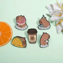 Cute Capybara food Enamel Pins Donut Taco Coffee Cake Capybara Brooch Lapel Accessories Badge Gift For Friend Jewelry Wholesale