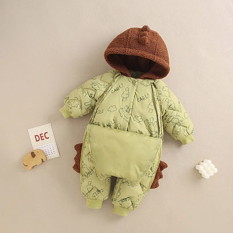 Winter Baby Boys Girls Rompers Cute Cartoon Panda Dinosaur Fleece Lining Thick Warm Hooded Bodysuit For Kids One Piece Overalls